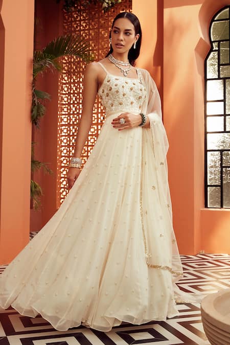 Buy_Niamh By Kriti_Ivory Georgette And Net Lining Shantoon Embroidered Anarkali With Dupatta _Online_at_Aza_Fashions