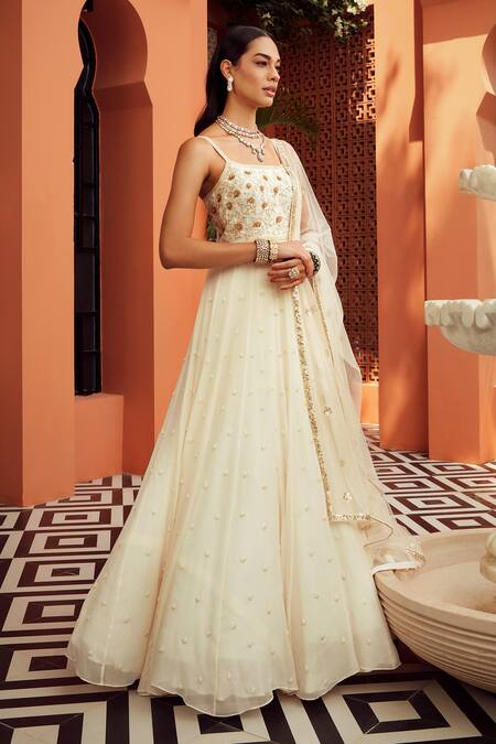 Shop_Niamh By Kriti_Ivory Georgette And Net Lining Shantoon Embroidered Anarkali With Dupatta _Online_at_Aza_Fashions