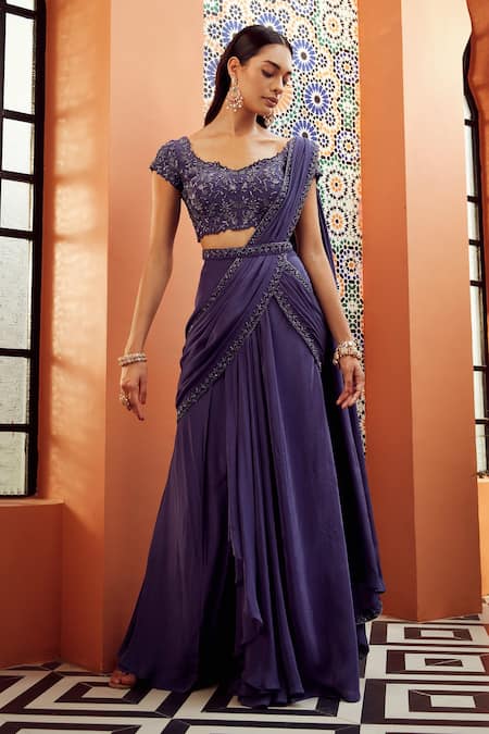 Shop Niamh By Kriti Blue Silk Crepe Lining Shantoon Embroidered Pre-draped Saree With Blouse Online at Aza Fashions Shop_Niamh By Kriti_Blue Silk Crepe Lining Shantoon Embroidered Pre-draped Saree With Blouse _Online_at_Aza_Fashions