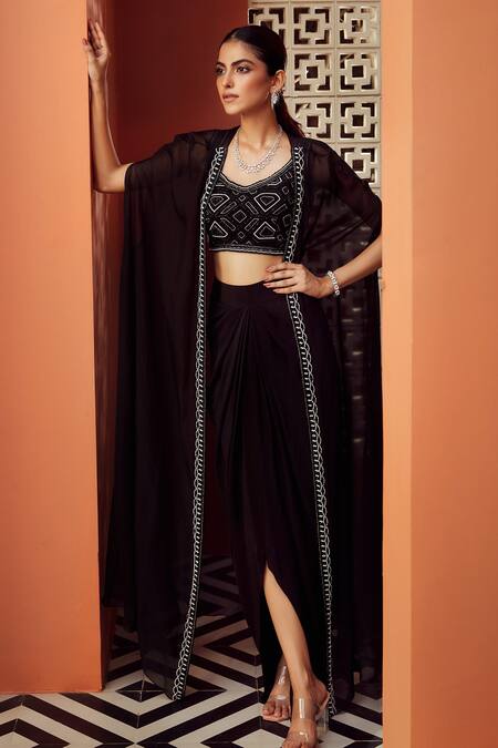 Niamh By Kriti_Black Silk Crepe And Organza Lining Shantoon Embroidered & Draped Skirt Set _Online_at_Aza_Fashions