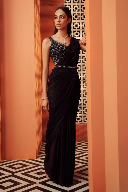 Niamh By Kriti Black Silk Crepe And Organza Lining Embroidered Pre-draped Saree With Blouse Online at Aza Fashions Niamh By Kriti_Black Silk Crepe And Organza Lining Embroidered Pre-draped Saree With Blouse _Online_at_Aza_Fashions