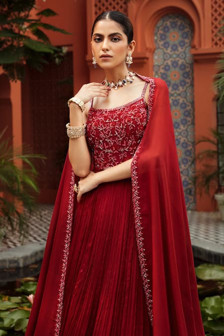 Shop_Niamh By Kriti_Red Organza, Chiffon, Crepe Lining Embroidered Pleated Anarkali With Dupatta _Online_at_Aza_Fashions
