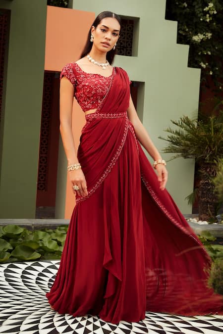 Niamh By Kriti Red Silk Crepe Lining Shantoon Embroidered Pre-draped Saree With Blouse Online at Aza Fashions Niamh By Kriti_Red Silk Crepe Lining Shantoon Embroidered Pre-draped Saree With Blouse _Online_at_Aza_Fashions