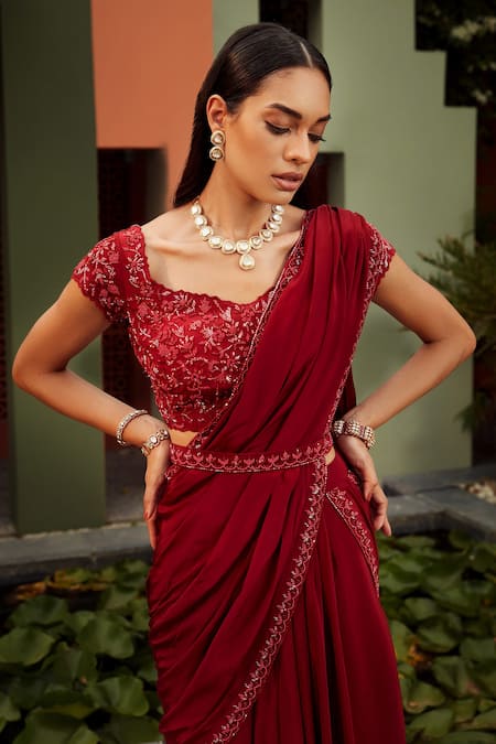 Shop Niamh By Kriti Red Silk Crepe Lining Shantoon Embroidered Pre-draped Saree With Blouse Online at Aza Fashions Shop_Niamh By Kriti_Red Silk Crepe Lining Shantoon Embroidered Pre-draped Saree With Blouse _Online_at_Aza_Fashions
