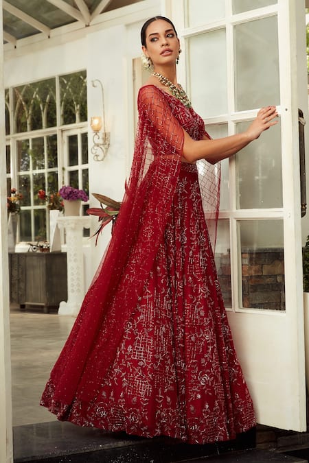 Buy Niamh By Kriti Red Organza, Net Lining Shantoon Sequin, Pearls Floral Embroidered Lehenga Set Online at Aza Fashions Buy_Niamh By Kriti_Red Organza, Net Lining Shantoon Sequin, Pearls Floral Embroidered Lehenga Set _Online_at_Aza_Fashions