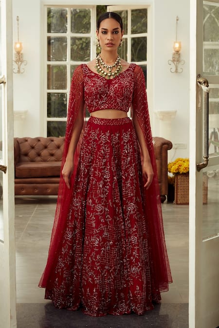 Shop Niamh By Kriti Red Organza, Net Lining Shantoon Sequin, Pearls Floral Embroidered Lehenga Set Online at Aza Fashions Shop_Niamh By Kriti_Red Organza, Net Lining Shantoon Sequin, Pearls Floral Embroidered Lehenga Set _Online_at_Aza_Fashions