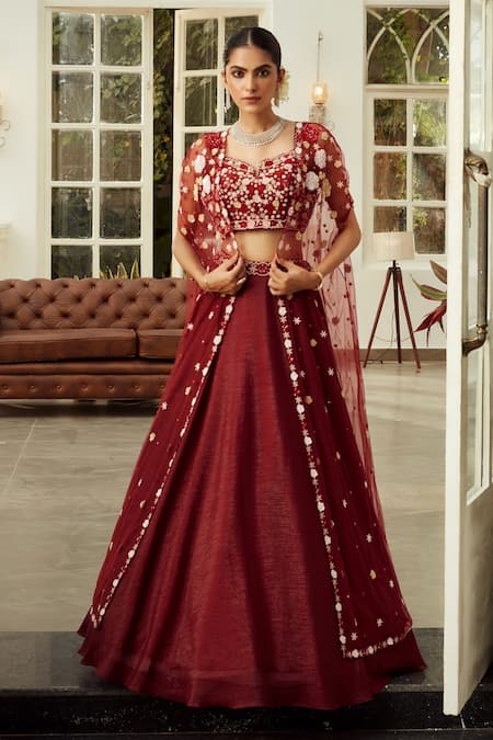 Buy Niamh By Kriti Red Lehenga- Organza Lycra, Lining- Satin Glass Beads, Floral Embroidered Set Online at Aza Fashions Buy_Niamh By Kriti_Red Lehenga- Organza Lycra, Lining- Satin Glass Beads, Floral Embroidered Set _Online_at_Aza_Fashions