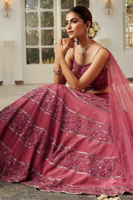 Shop_Niamh By Kriti_Purple Glass , Sequins, Crystals, Floral Embroidered Lehenga Set _Online_at_Aza_Fashions