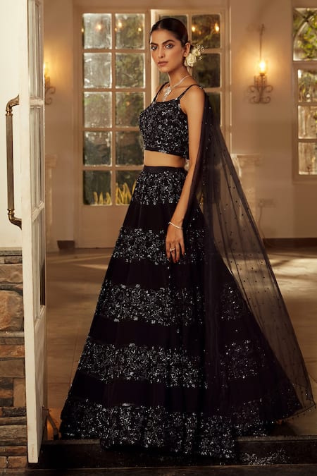 Buy_Niamh By Kriti_Blue Glass , Sequins, Crystals, Square Floral Embroidered Lehenga Set _Online_at_Aza_Fashions
