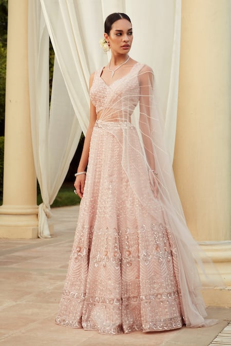 Buy Niamh By Kriti Pink Italian Organza, Net Lining Satin Pearls, Floral Embroidered Lehenga Set Online at Aza Fashions Buy_Niamh By Kriti_Pink Italian Organza, Net Lining Satin Pearls, Floral Embroidered Lehenga Set _Online_at_Aza_Fashions