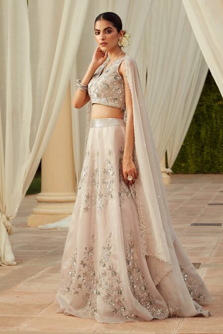 Buy Niamh By Kriti Grey Italian Organza Lining Satin Pearls, Floral Embroidered Lehenga Set Online at Aza Fashions Buy_Niamh By Kriti_Grey Italian Organza Lining Satin Pearls, Floral Embroidered Lehenga Set _Online_at_Aza_Fashions