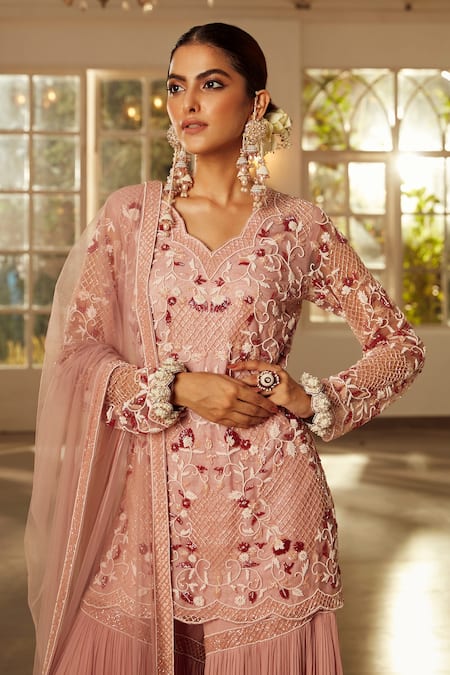 Buy_Niamh By Kriti_Pink Georgette And Net Lining Shantoon Pearls, Embroidered Kurta Gharara Set _Online_at_Aza_Fashions