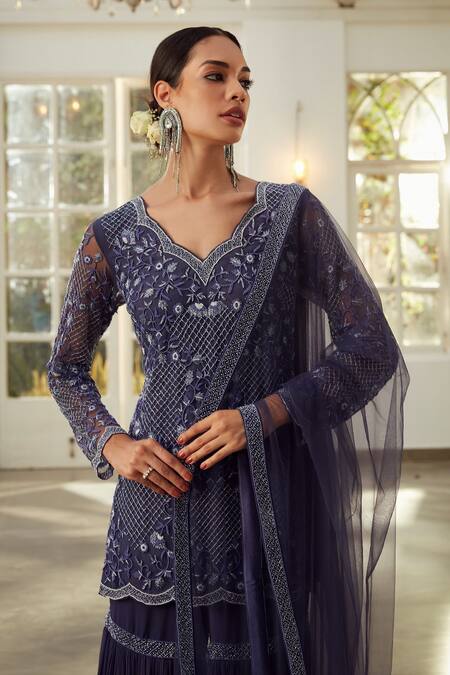 Buy Niamh By Kriti Blue Georgette And Net Lining Shantoon Pearls, Embroidered Kurta Gharara Set Online at Aza Fashions Buy_Niamh By Kriti_Blue Georgette And Net Lining Shantoon Pearls, Embroidered Kurta Gharara Set _Online_at_Aza_Fashions