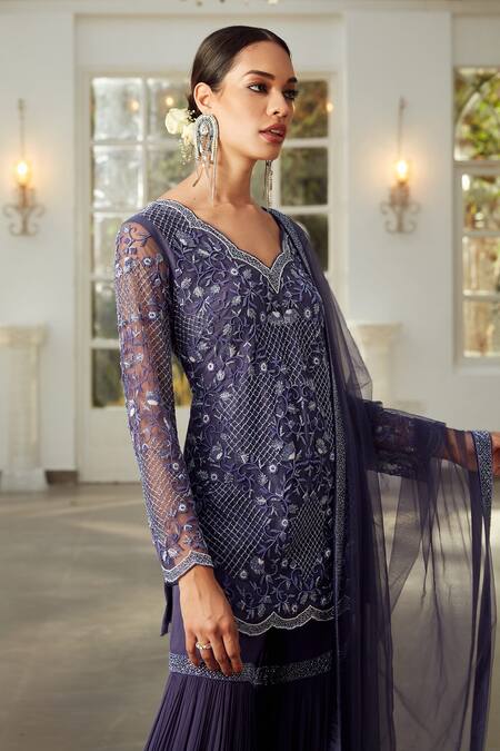 Shop Niamh By Kriti Blue Georgette And Net Lining Shantoon Pearls, Embroidered Kurta Gharara Set Online at Aza Fashions Shop_Niamh By Kriti_Blue Georgette And Net Lining Shantoon Pearls, Embroidered Kurta Gharara Set _Online_at_Aza_Fashions