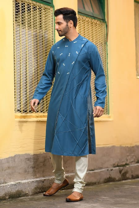 Priyanka Haralalka_Blue Kurta Handloom  Pant Pure Embroidered Asymmetric Set_Online_at_Aza_Fashions