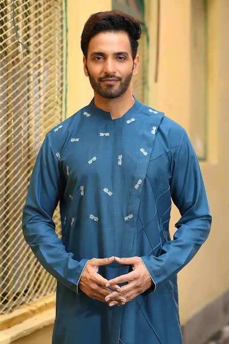 Buy_Priyanka Haralalka_Blue Kurta Handloom  Pant Pure Embroidered Asymmetric Set_Online_at_Aza_Fashions