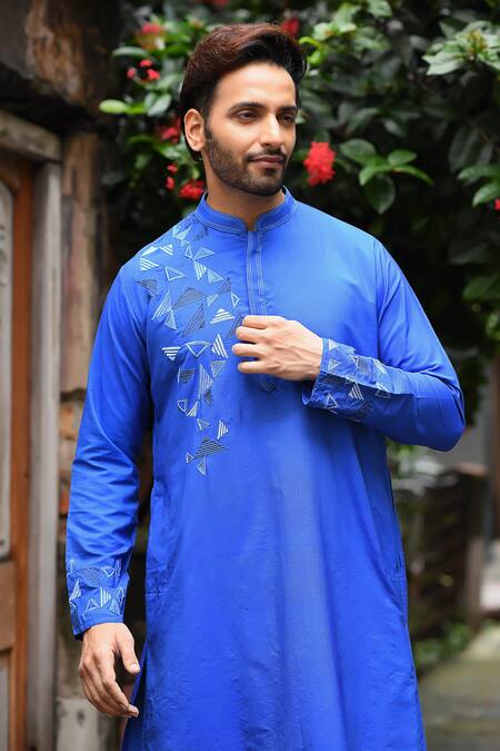 Buy_Priyanka Haralalka_Blue Kurta- Silk, Pant- Soft Geometric Embroidered Set_Online_at_Aza_Fashions