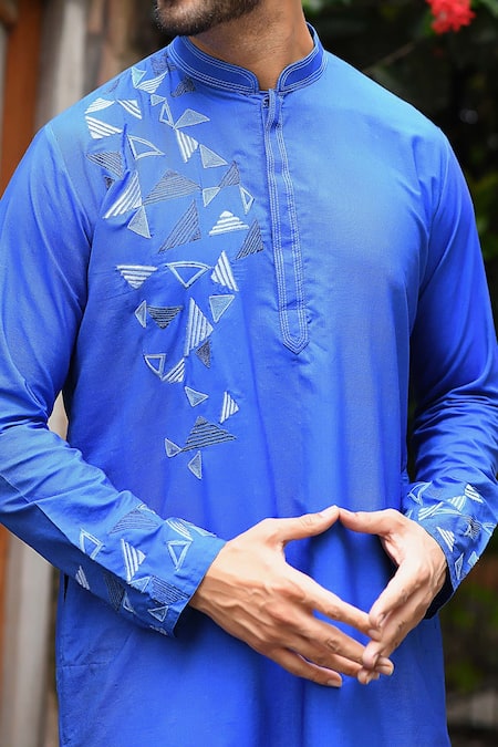 Shop_Priyanka Haralalka_Blue Kurta- Silk, Pant- Soft Geometric Embroidered Set_Online_at_Aza_Fashions