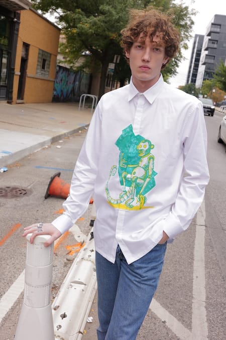 Shop_Sahil Aneja_White Cotton Screen Printed Art Work Monkey Bot Shirt  _at_Aza_Fashions