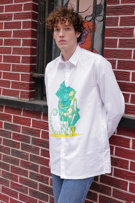 Sahil Aneja_White Cotton Screen Printed Art Work Monkey Bot Shirt  _Online_at_Aza_Fashions