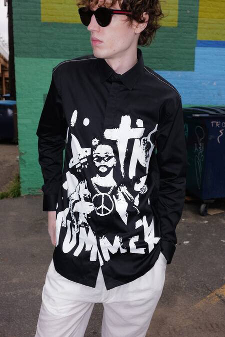 Sahil Aneja_Black Cotton Art Work Holy Grail Printed Shirt_Online_at_Aza_Fashions