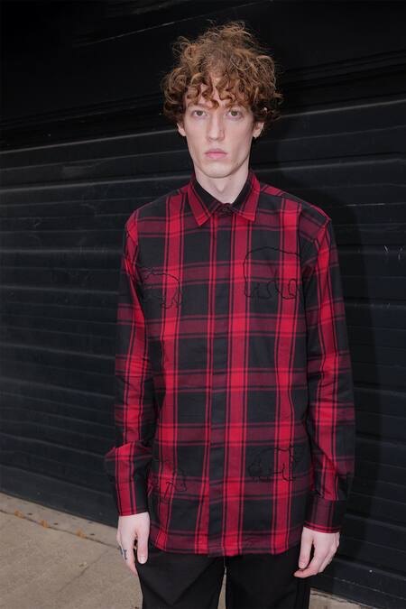 Buy_Sahil Aneja_Black Cotton Bead Work Tartan Checkered Shirt_Online_at_Aza_Fashions