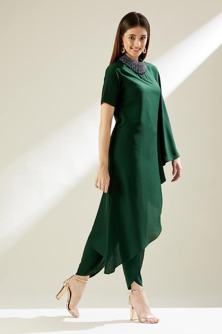 Aakaar Green Cotton Silk Crystals High Neck Embellished Tunic And Draped Pant Set Online at Aza Fashions Aakaar_Green Cotton Silk Crystals High Neck Embellished Tunic And Draped Pant Set _Online_at_Aza_Fashions