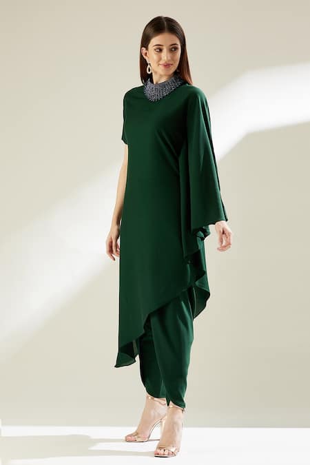 Buy Aakaar Green Cotton Silk Crystals High Neck Embellished Tunic And Draped Pant Set Online at Aza Fashions Buy_Aakaar_Green Cotton Silk Crystals High Neck Embellished Tunic And Draped Pant Set _Online_at_Aza_Fashions