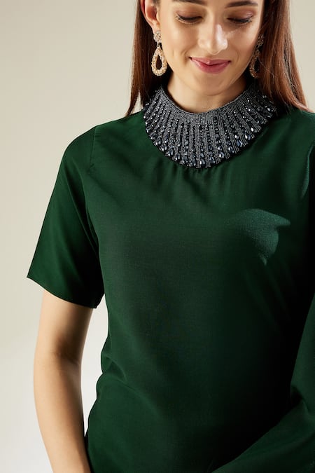 Shop Aakaar Green Cotton Silk Crystals High Neck Embellished Tunic And Draped Pant Set Online at Aza Fashions Shop_Aakaar_Green Cotton Silk Crystals High Neck Embellished Tunic And Draped Pant Set _Online_at_Aza_Fashions