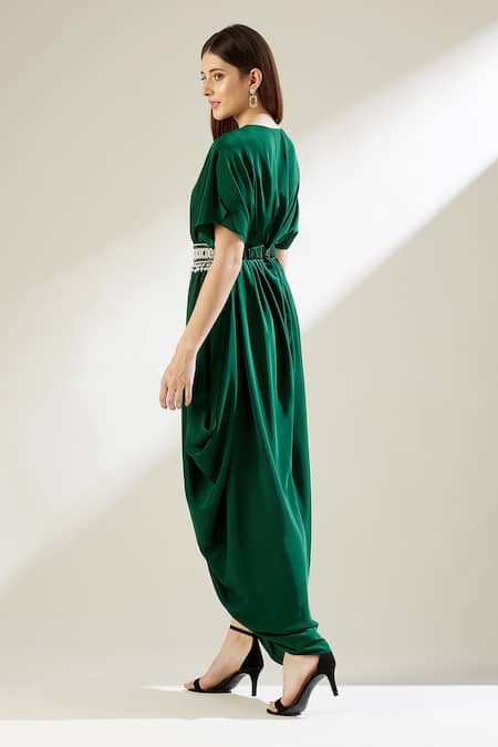Shop Aakaar Green Silk Crepe Pearls, Crystals V Neck Sophie Cowl Gown With Belt at Aza Fashions Shop_Aakaar_Green Silk Crepe Pearls, Crystals V Neck Sophie Cowl Gown With Belt _at_Aza_Fashions