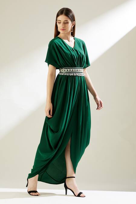 Aakaar Green Silk Crepe Pearls, Crystals V Neck Sophie Cowl Gown With Belt Online at Aza Fashions Aakaar_Green Silk Crepe Pearls, Crystals V Neck Sophie Cowl Gown With Belt _Online_at_Aza_Fashions