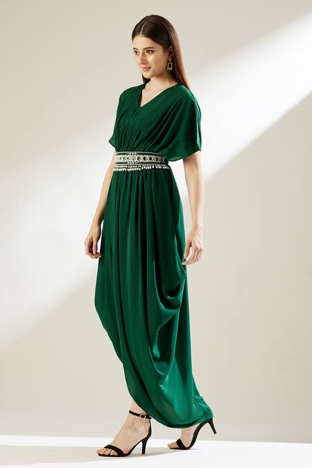 Buy Aakaar Green Silk Crepe Pearls, Crystals V Neck Sophie Cowl Gown With Belt Online at Aza Fashions Buy_Aakaar_Green Silk Crepe Pearls, Crystals V Neck Sophie Cowl Gown With Belt _Online_at_Aza_Fashions