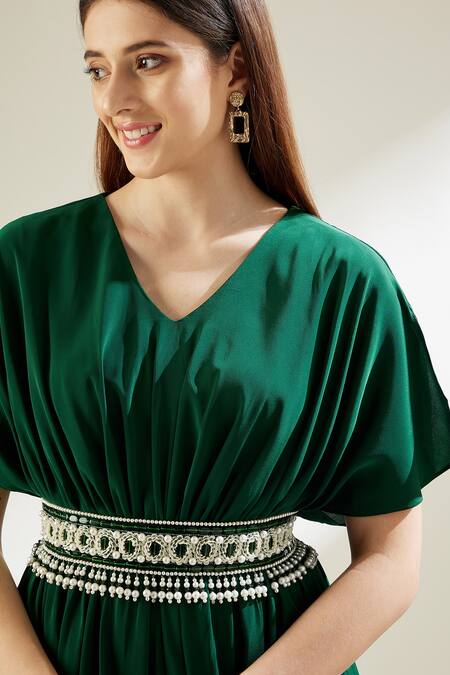 Shop Aakaar Green Silk Crepe Pearls, Crystals V Neck Sophie Cowl Gown With Belt Online at Aza Fashions Shop_Aakaar_Green Silk Crepe Pearls, Crystals V Neck Sophie Cowl Gown With Belt _Online_at_Aza_Fashions