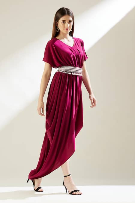 Aakaar_Wine Silk Crepe Pearls, Crystals V Neck Sophie Cowl Gown With Belt _Online_at_Aza_Fashions