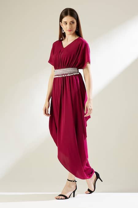 Buy_Aakaar_Wine Silk Crepe Pearls, Crystals V Neck Sophie Cowl Gown With Belt _Online_at_Aza_Fashions