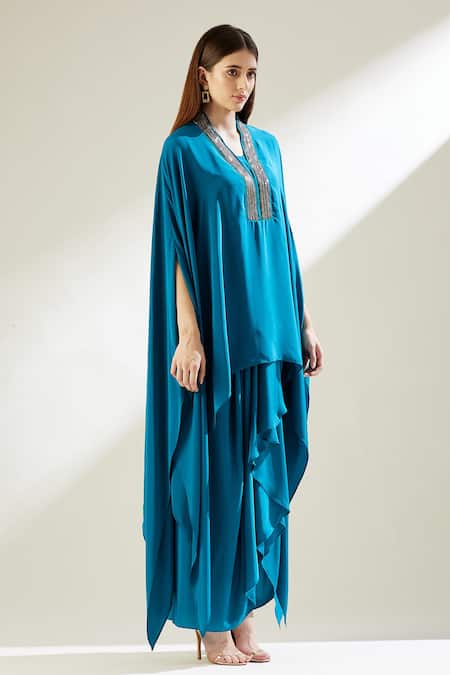 Aakaar Blue Silk Crepe Bead Work V Neck Asymmetric Tunic And Draped Skirt Set Online at Aza Fashions Aakaar_Blue Silk Crepe Bead Work V Neck Asymmetric Tunic And Draped Skirt Set _Online_at_Aza_Fashions