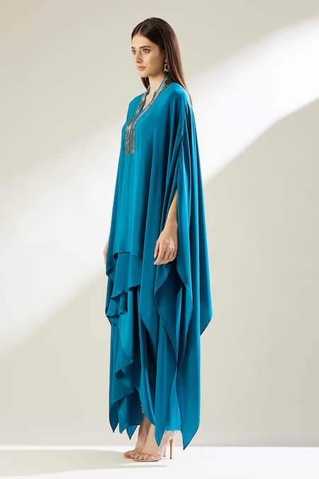 Buy Aakaar Blue Silk Crepe Bead Work V Neck Asymmetric Tunic And Draped Skirt Set Online at Aza Fashions Buy_Aakaar_Blue Silk Crepe Bead Work V Neck Asymmetric Tunic And Draped Skirt Set _Online_at_Aza_Fashions