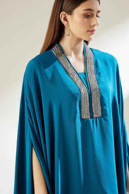 Shop Aakaar Blue Silk Crepe Bead Work V Neck Asymmetric Tunic And Draped Skirt Set Online at Aza Fashions Shop_Aakaar_Blue Silk Crepe Bead Work V Neck Asymmetric Tunic And Draped Skirt Set _Online_at_Aza_Fashions