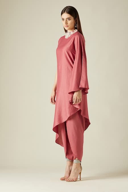 Buy_Aakaar_Pink Cotton Silk Sequins High Neck Asymmetric Tunic And Draped Pant Set _Online_at_Aza_Fashions