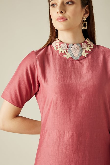 Shop_Aakaar_Pink Cotton Silk Sequins High Neck Asymmetric Tunic And Draped Pant Set _Online_at_Aza_Fashions