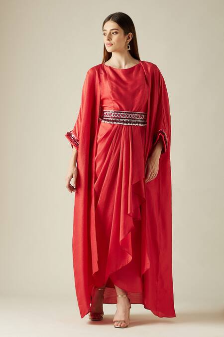 Aakaar_Red Matka Silk Stones Cape Open, Gown Round Draped With _Online_at_Aza_Fashions