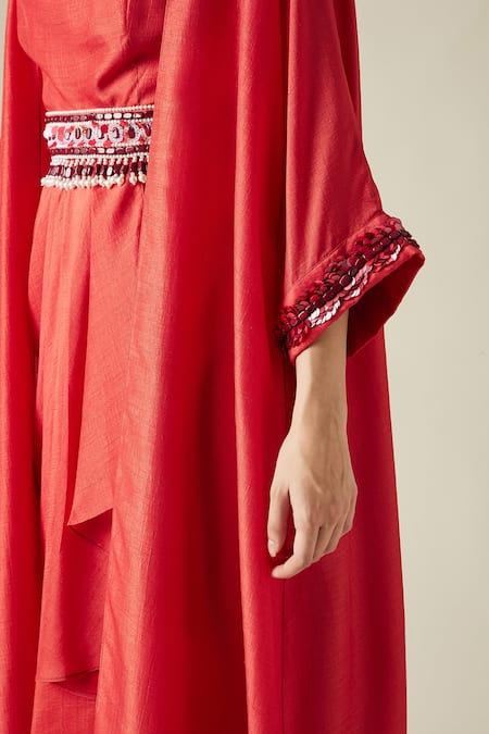 Shop_Aakaar_Red Matka Silk Stones Cape Open, Gown Round Draped With _Online_at_Aza_Fashions