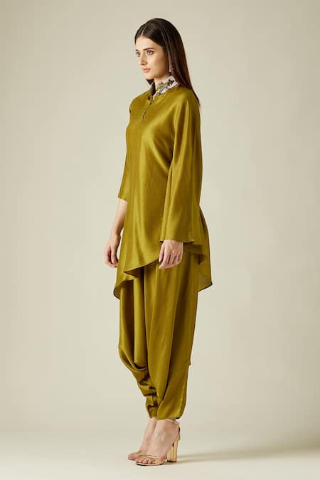 Aakaar_Green Matka Silk Sequins Mandarin Collar Asymmetric Tunic And Draped Pant Set _Online_at_Aza_Fashions
