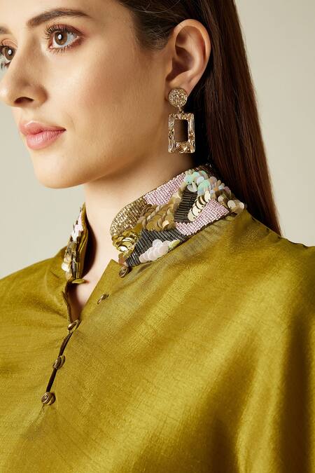 Shop_Aakaar_Green Matka Silk Sequins Mandarin Collar Asymmetric Tunic And Draped Pant Set _Online_at_Aza_Fashions