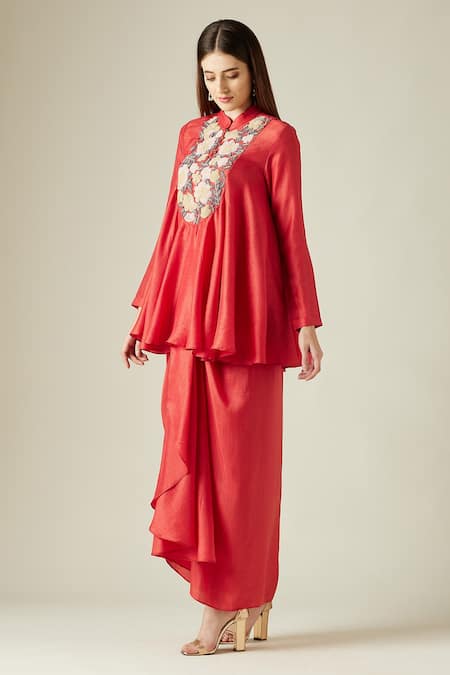 Buy_Aakaar_Red Matka Silk Sequins Mandarin Collar Flared Tunic And Draped Skirt Set _Online_at_Aza_Fashions