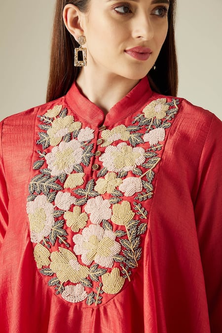 Shop_Aakaar_Red Matka Silk Sequins Mandarin Collar Flared Tunic And Draped Skirt Set _Online_at_Aza_Fashions