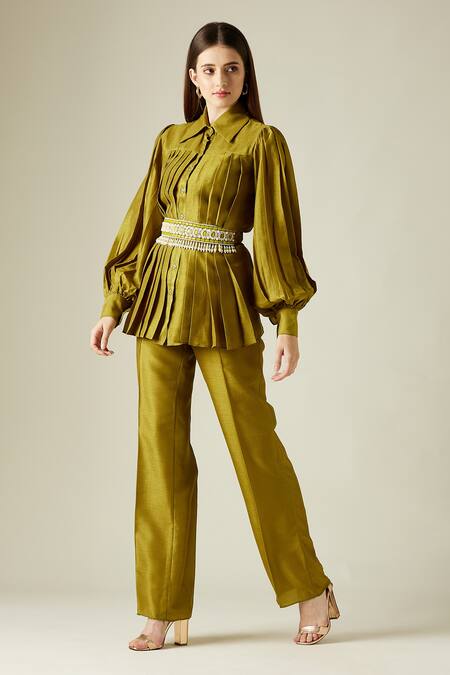 Buy_Aakaar_Green Matka Silk Stones Wide Shirt Collar Pleated Tunic And Pant Set_Online_at_Aza_Fashions