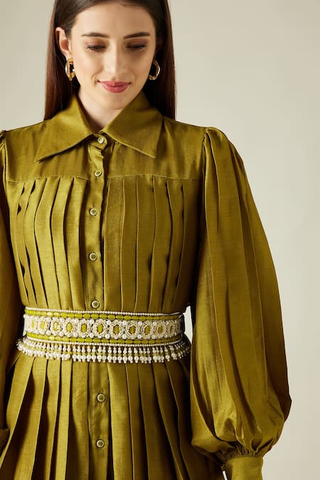 Shop_Aakaar_Green Matka Silk Stones Wide Shirt Collar Pleated Tunic And Pant Set_Online_at_Aza_Fashions