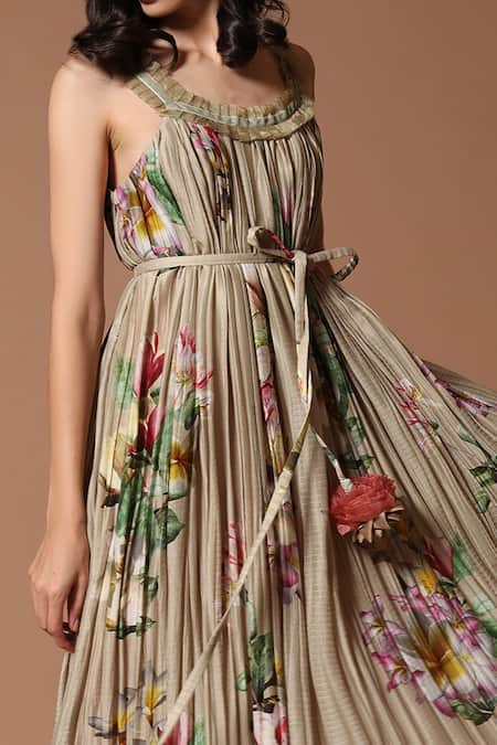 Rohit Bal_Grey Linen Floral Square Neck Print Dress _Online_at_Aza_Fashions