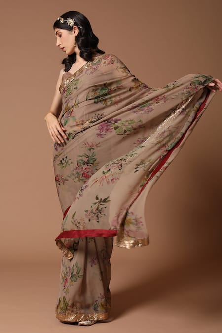Rohit Bal_Brown Chiffon, Lining Chanderi Floral Print Saree With Unstitched Blouse Piece _Online_at_Aza_Fashions
